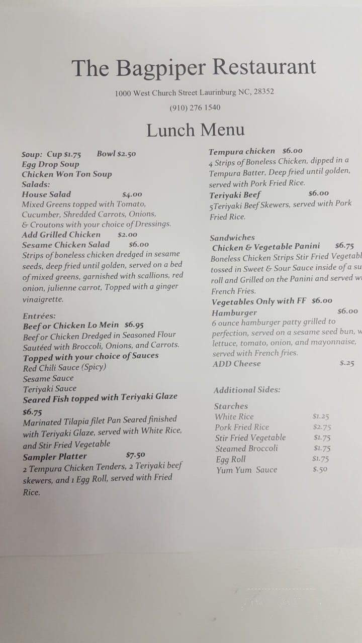 The Bagpiper Restaurant - Laurinburg, NC menu_pic