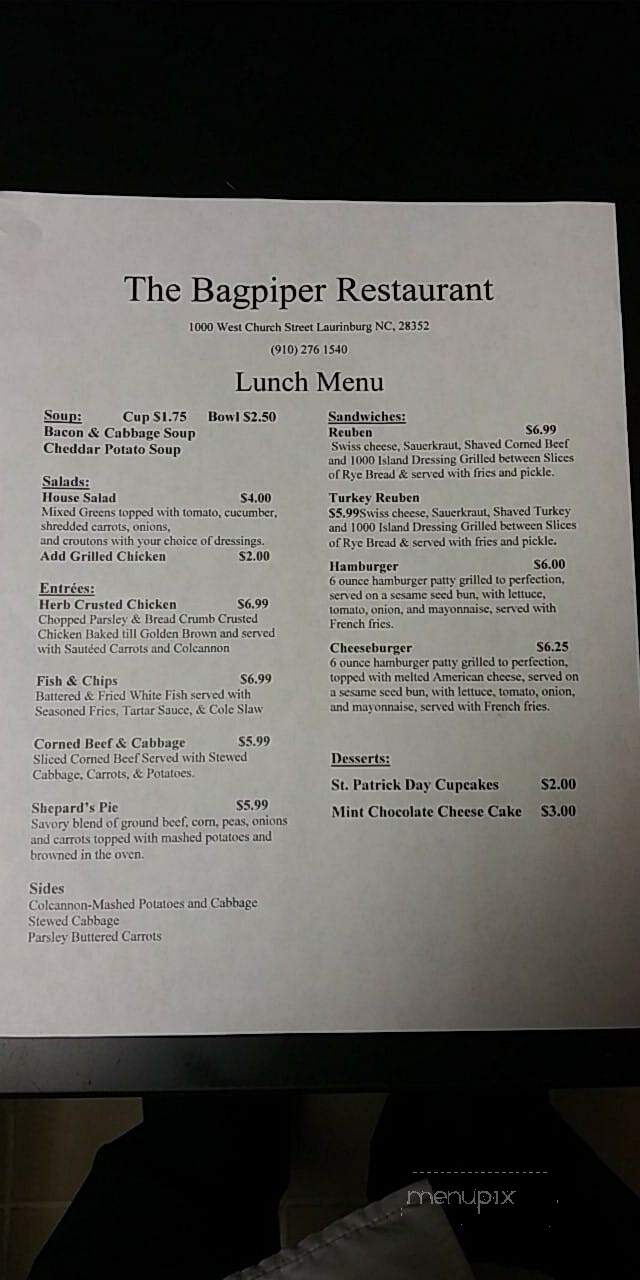 The Bagpiper Restaurant - Laurinburg, NC menu_pic