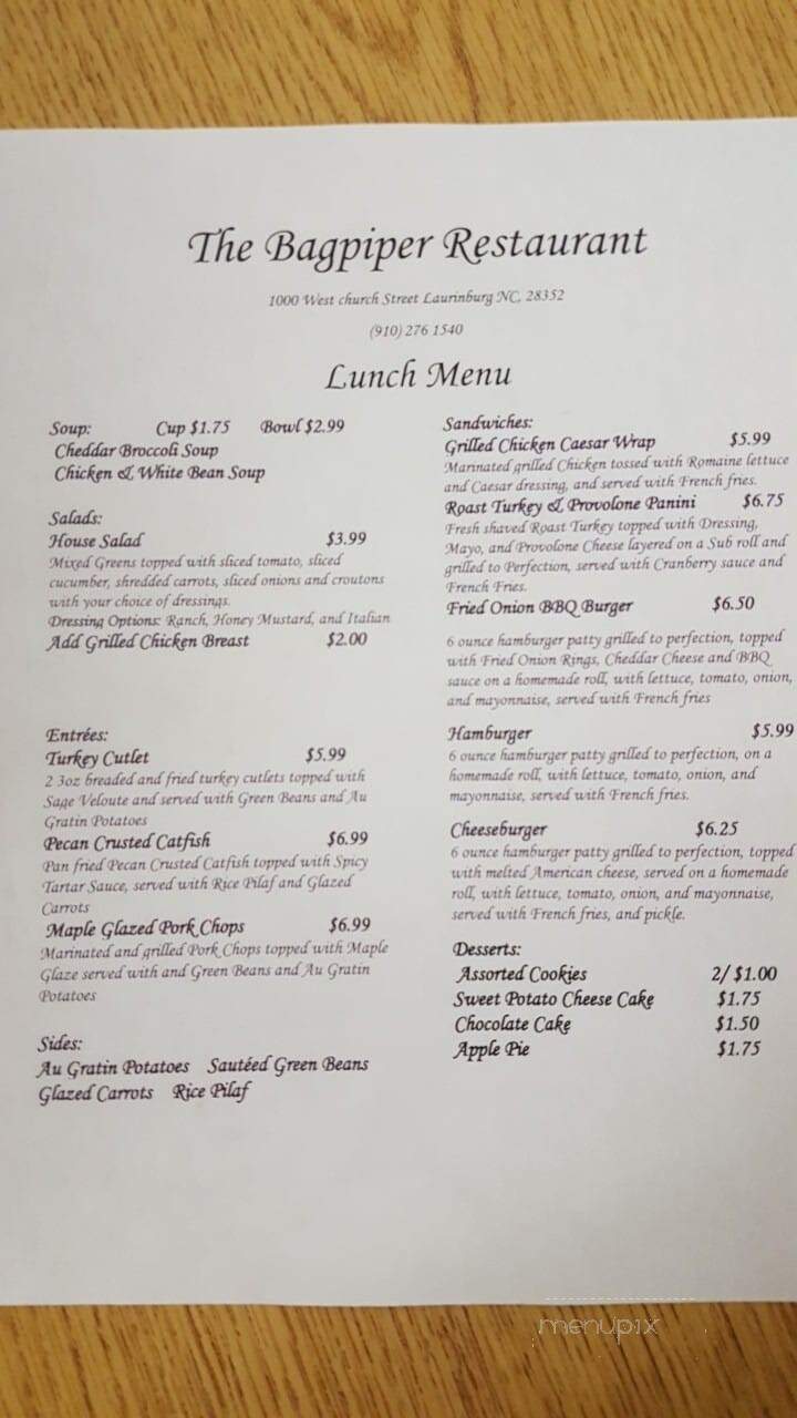 The Bagpiper Restaurant - Laurinburg, NC menu_pic