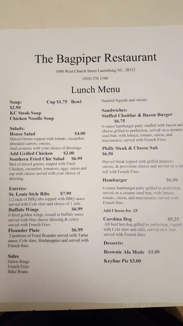 The Bagpiper Restaurant - Laurinburg, NC menu_pic