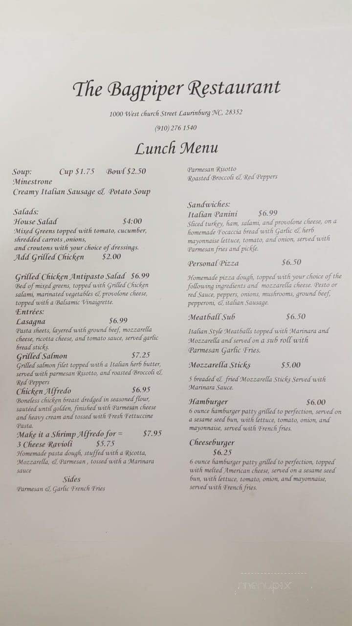 The Bagpiper Restaurant - Laurinburg, NC menu_pic