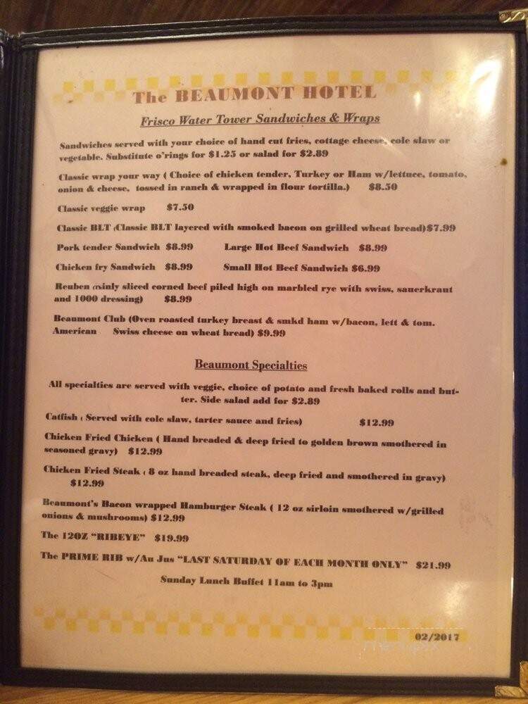 Beaumont Hotel Cafe - Beaumont, KS menu_pic