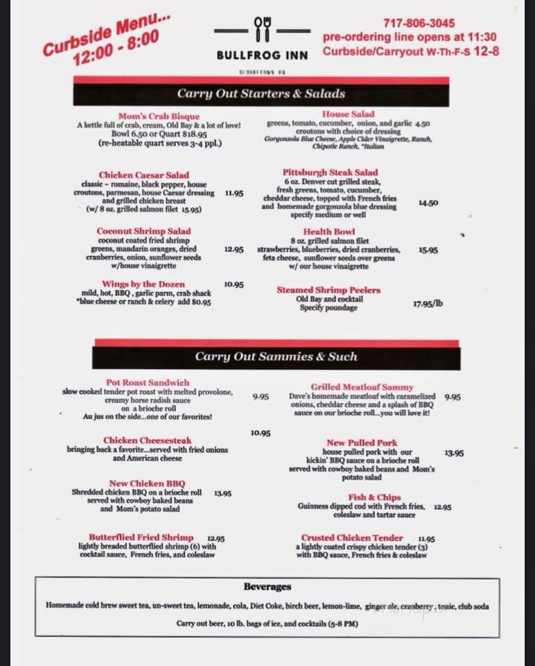 The Bullfrog Inn - Christiana, PA menu_pic