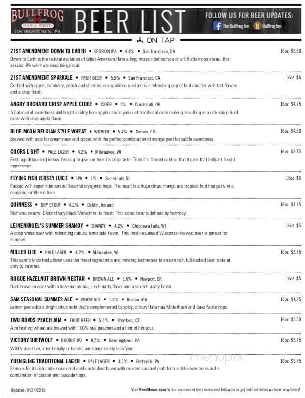 The Bullfrog Inn - Christiana, PA menu_pic