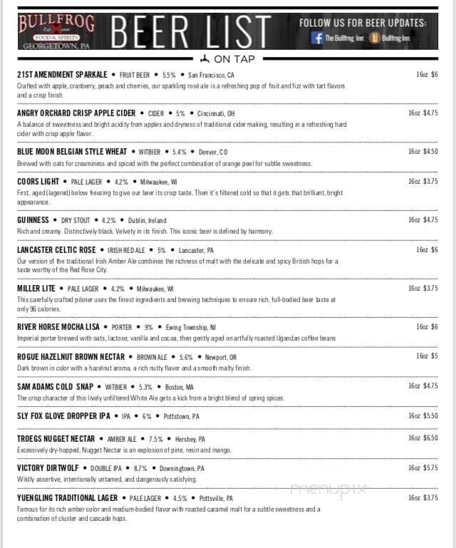 The Bullfrog Inn - Christiana, PA menu_pic