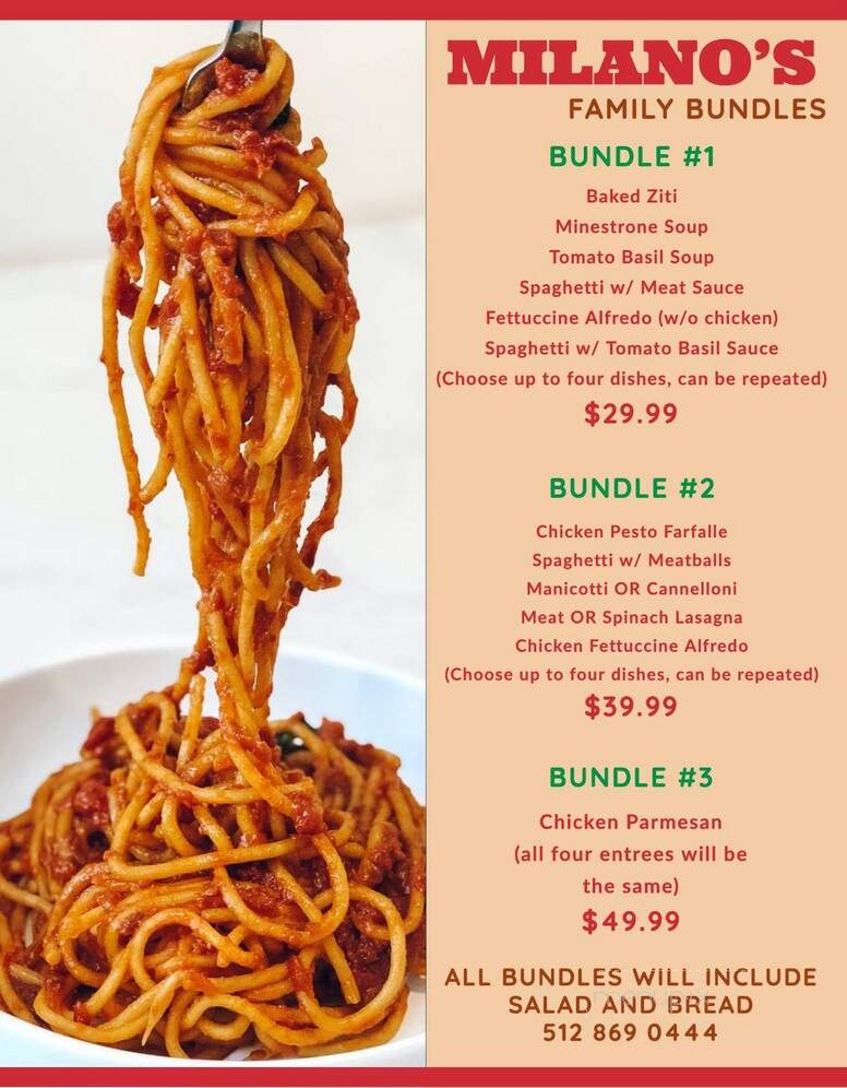 Milano Trattoria - Georgetown, TX menu_pic