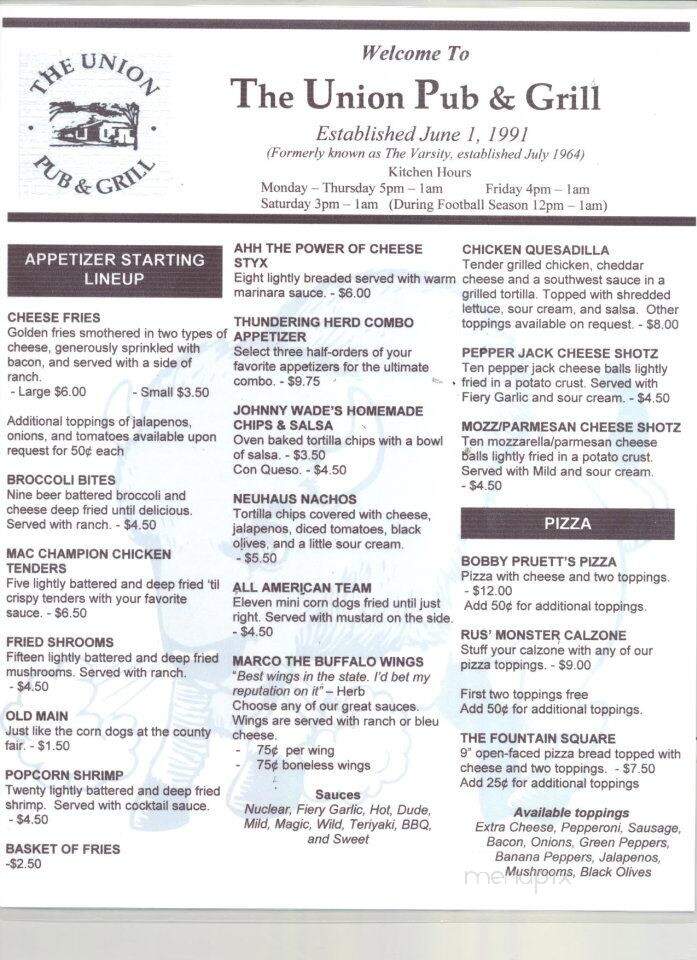 The Union Pub Grill - Huntington, WV menu_pic