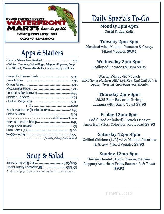 Waterfront Mary's - Sturgeon Bay, WI menu_pic
