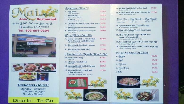 Mai Asia Restaurant - Tualatin, OR menu_pic