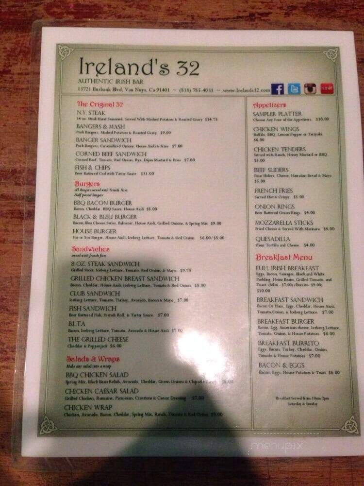 Irelands 32 - Van Nuys, CA menu_pic