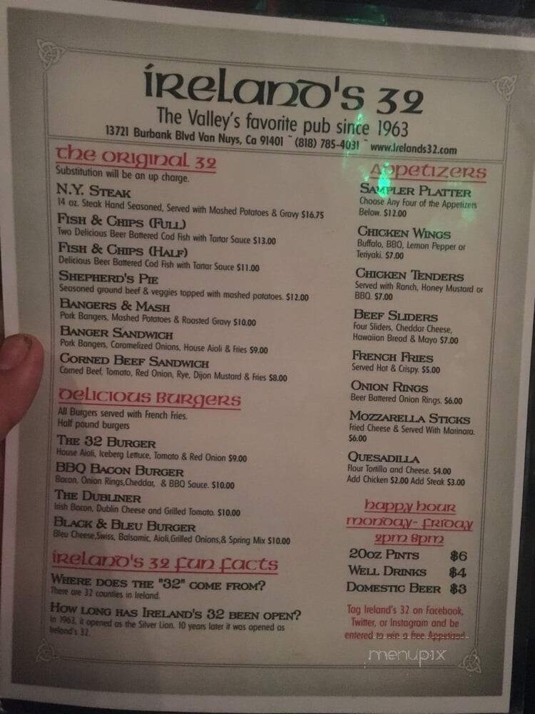 Irelands 32 - Van Nuys, CA menu_pic