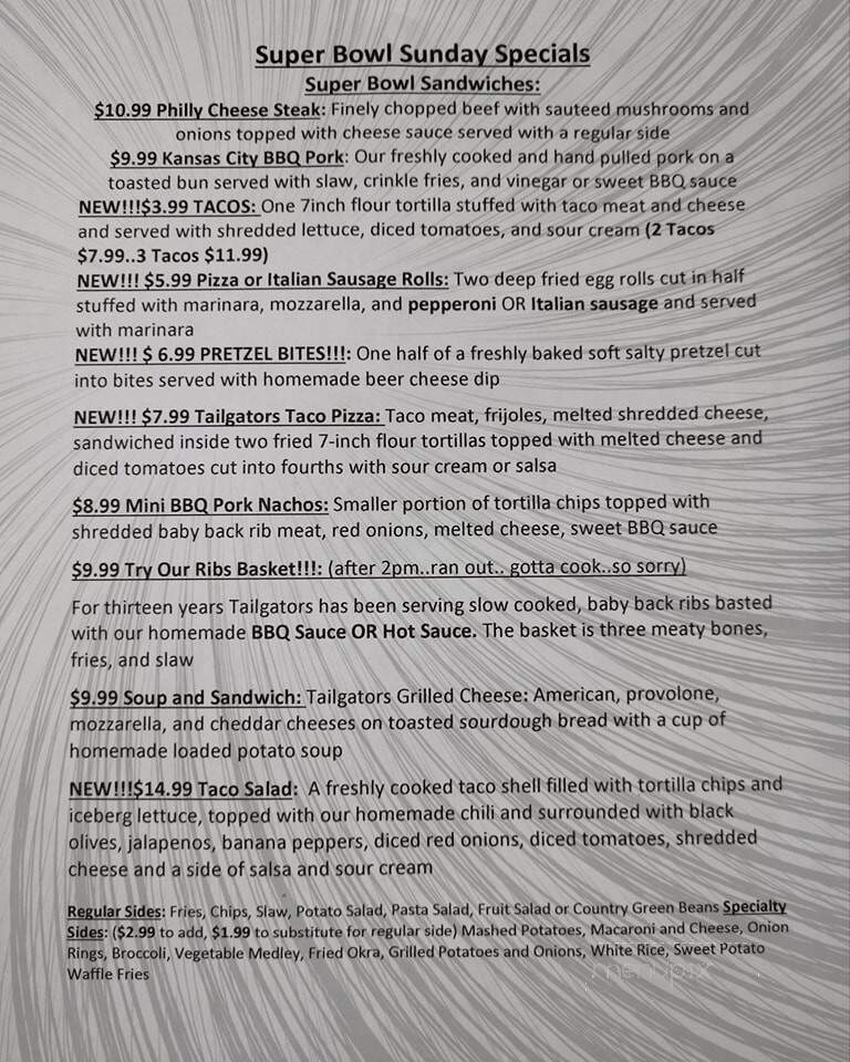 Tailgators Sports Grill - Locust, NC menu_pic