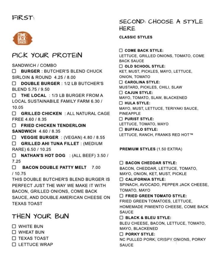 Come Back Shack - Boone, NC menu_pic