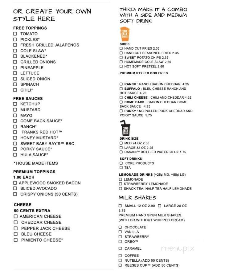 Come Back Shack - Boone, NC menu_pic