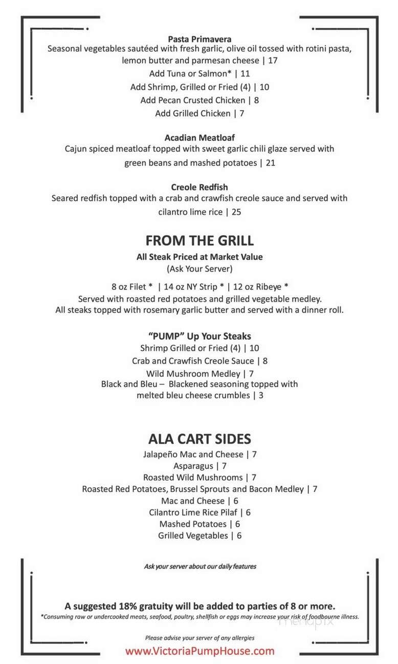 Victoria Pumphouse Restaurant - Victoria, TX menu_pic