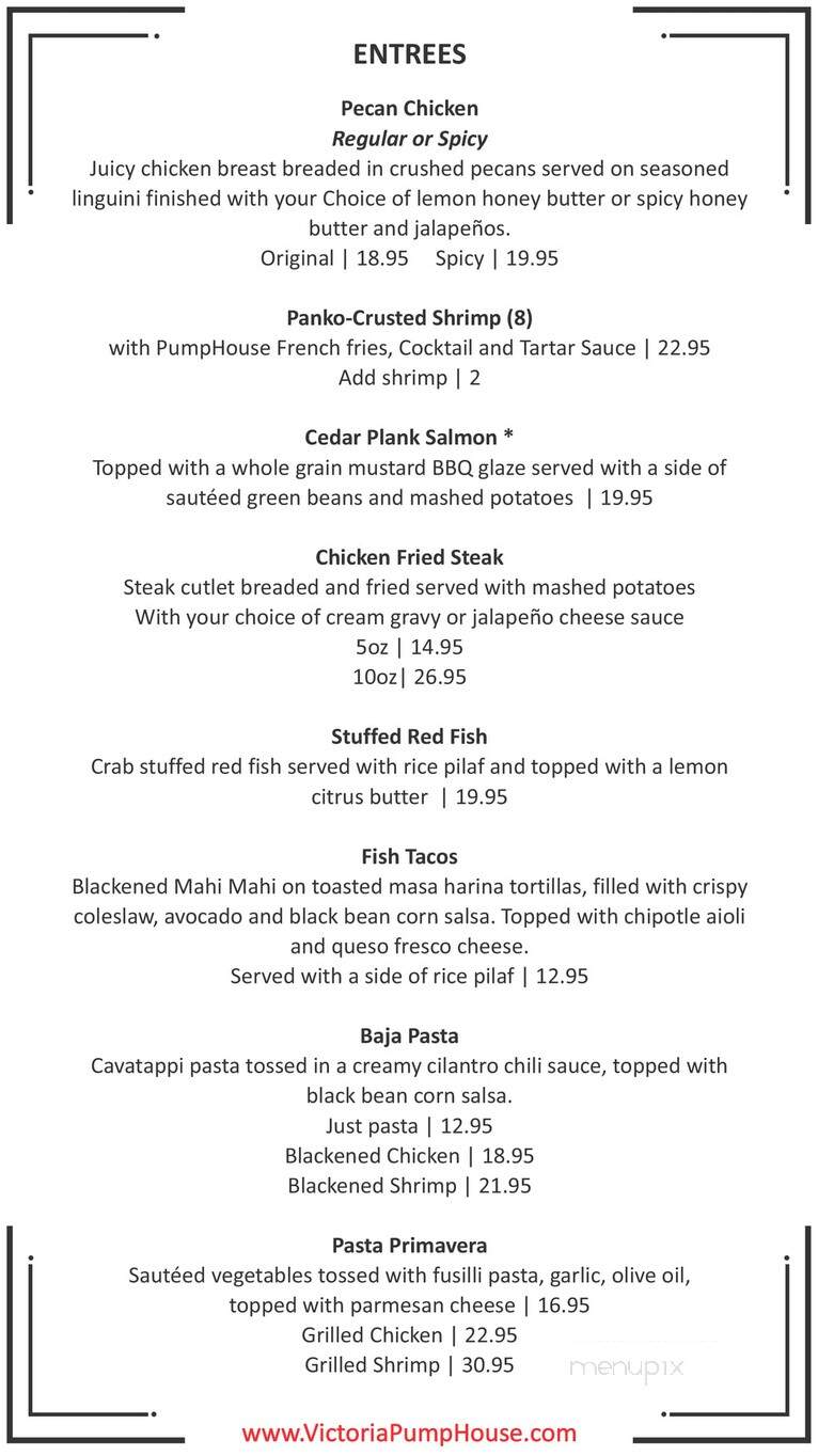 Victoria Pumphouse Restaurant - Victoria, TX menu_pic