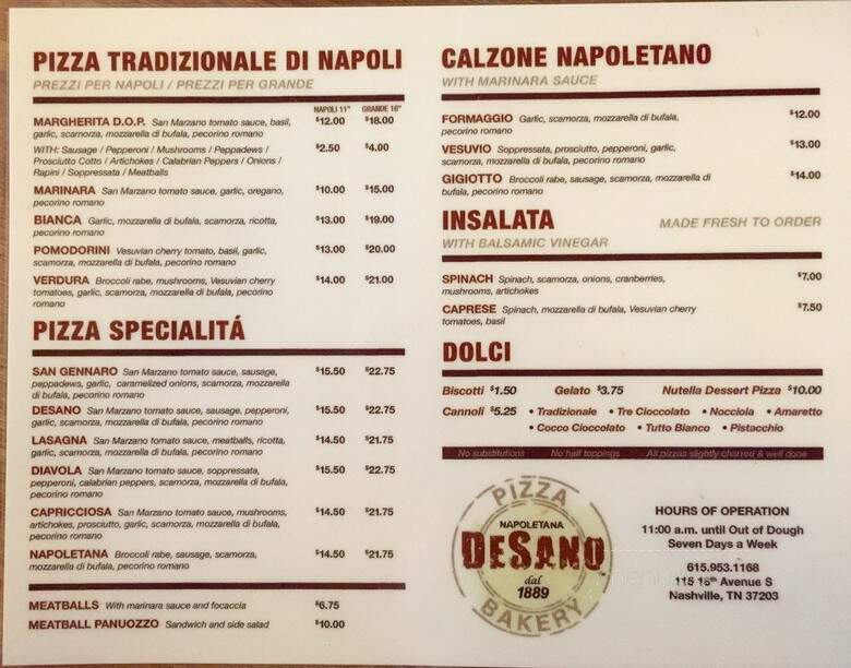 DeSano Pizza Bakery - Nashville, TN menu_pic