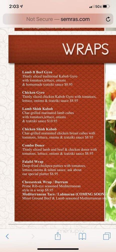 Semra's Mediterranean Grill - Rehoboth Beach, DE menu_pic