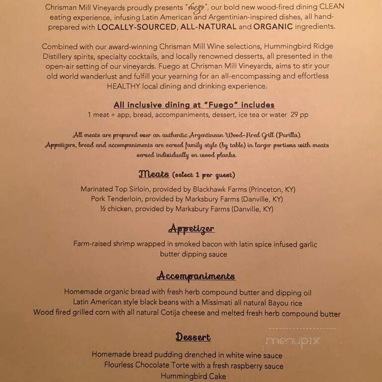 Chrisman Mill Vineyards - Nicholasville, KY menu_pic