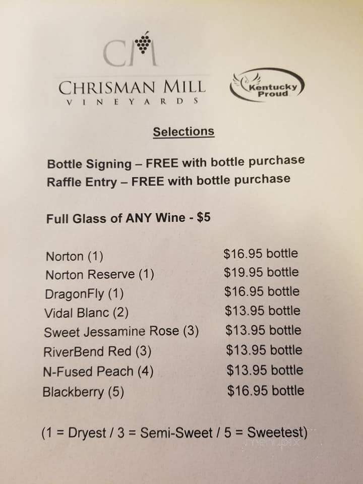 Chrisman Mill Vineyards - Nicholasville, KY menu_pic