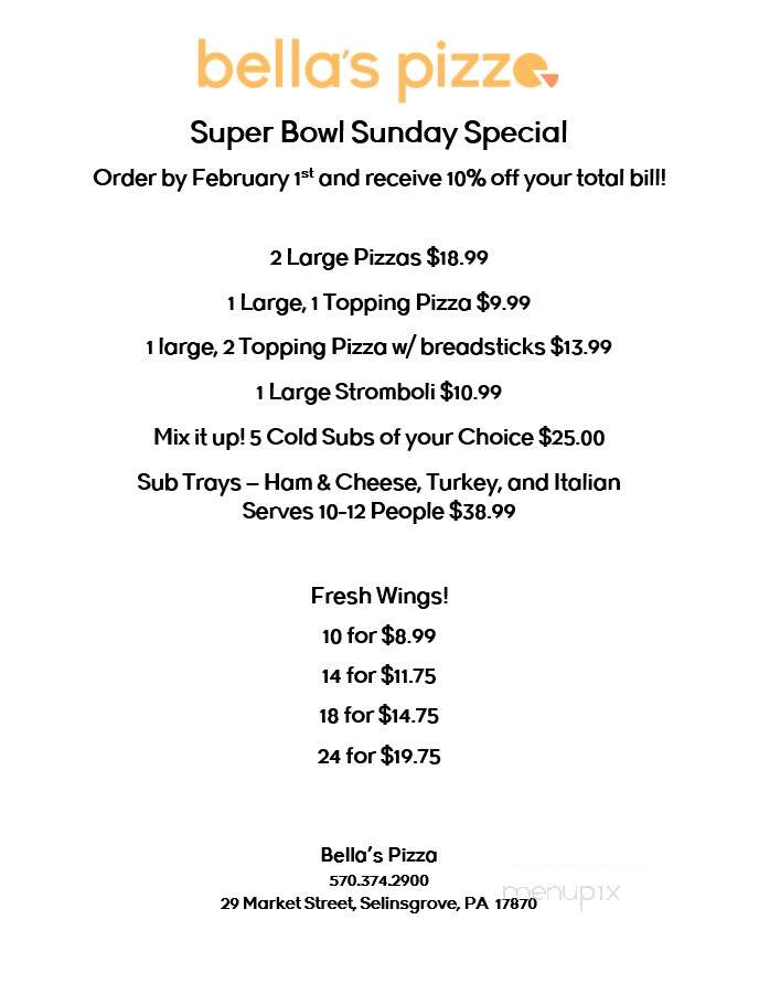 Bella's Pizza - Selinsgrove, PA menu_pic