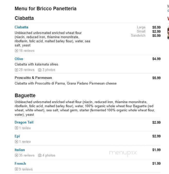 Bricco Panetteria - Boston, MA menu_pic
