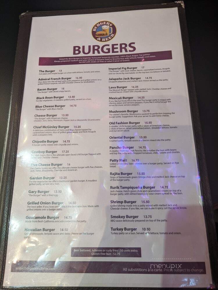 Burgers & Beer - La Quinta, CA menu_pic