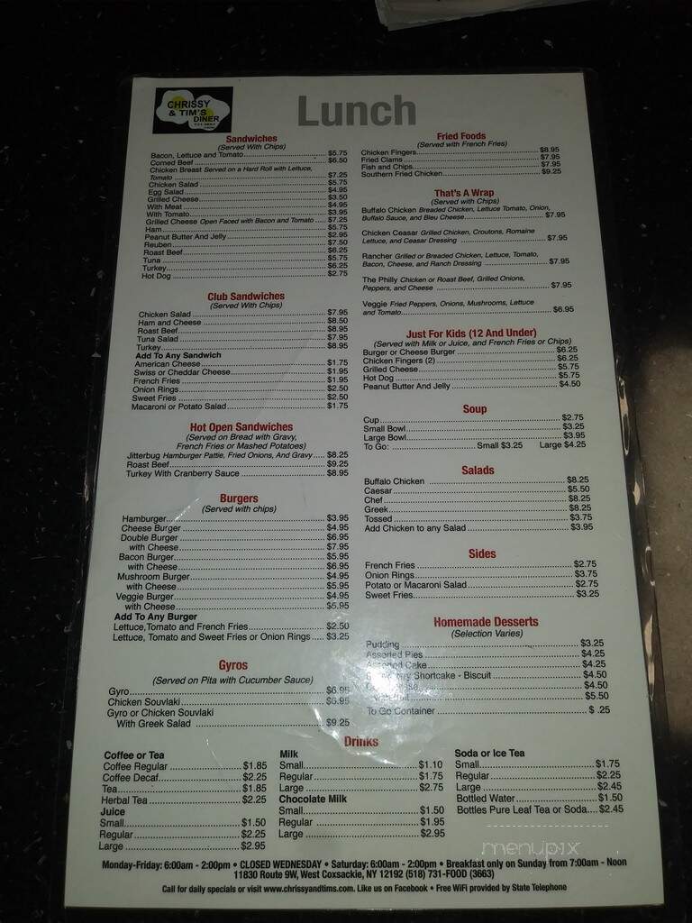 Chrissy and Tims Diner - Coxsackie, NY menu_pic