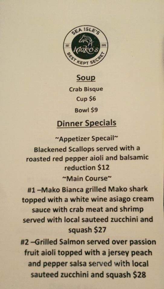 Mako's American Grille - Sea Isle City, NJ menu_pic