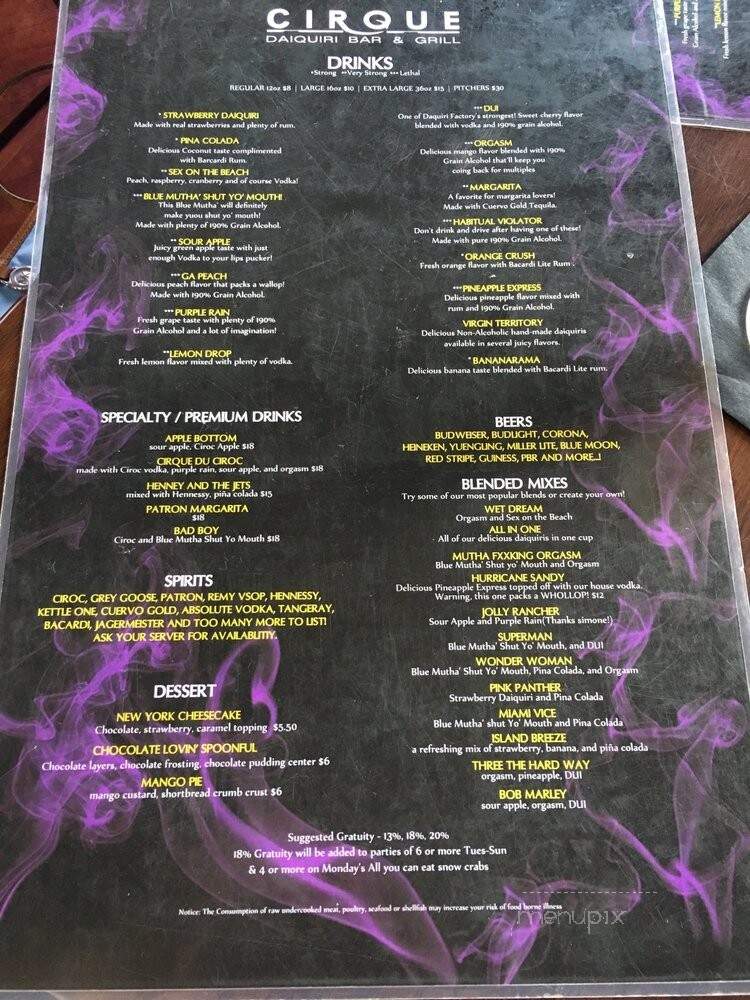 Cirque Daiquiri Bar and Grill - Atlanta, GA menu_pic