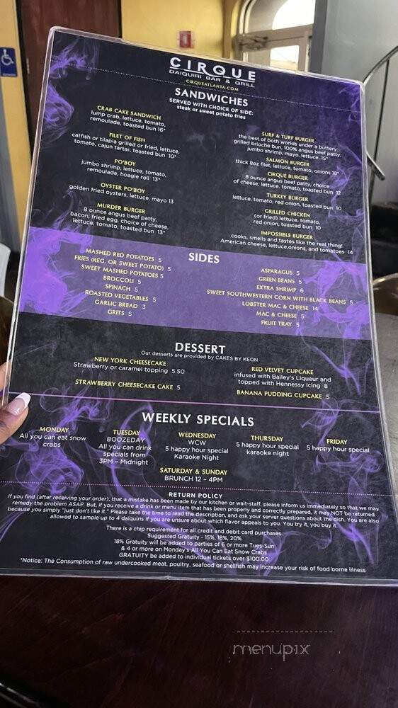 Cirque Daiquiri Bar and Grill - Atlanta, GA menu_pic