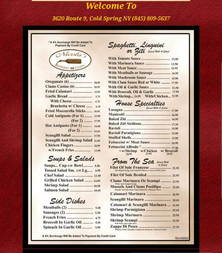 Nicola's Restaurant & Catering - Cold Spring, NY menu_pic