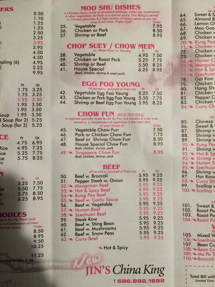 Jin's China King - Shelby Township, MI menu_pic