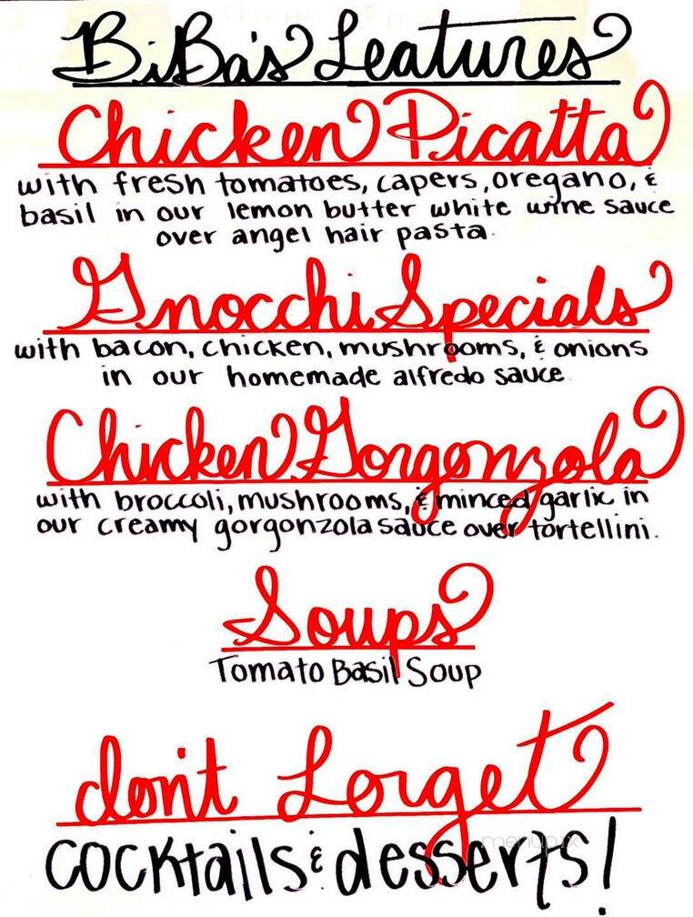 Biba's Italian Restaurant - Milledgeville, GA menu_pic