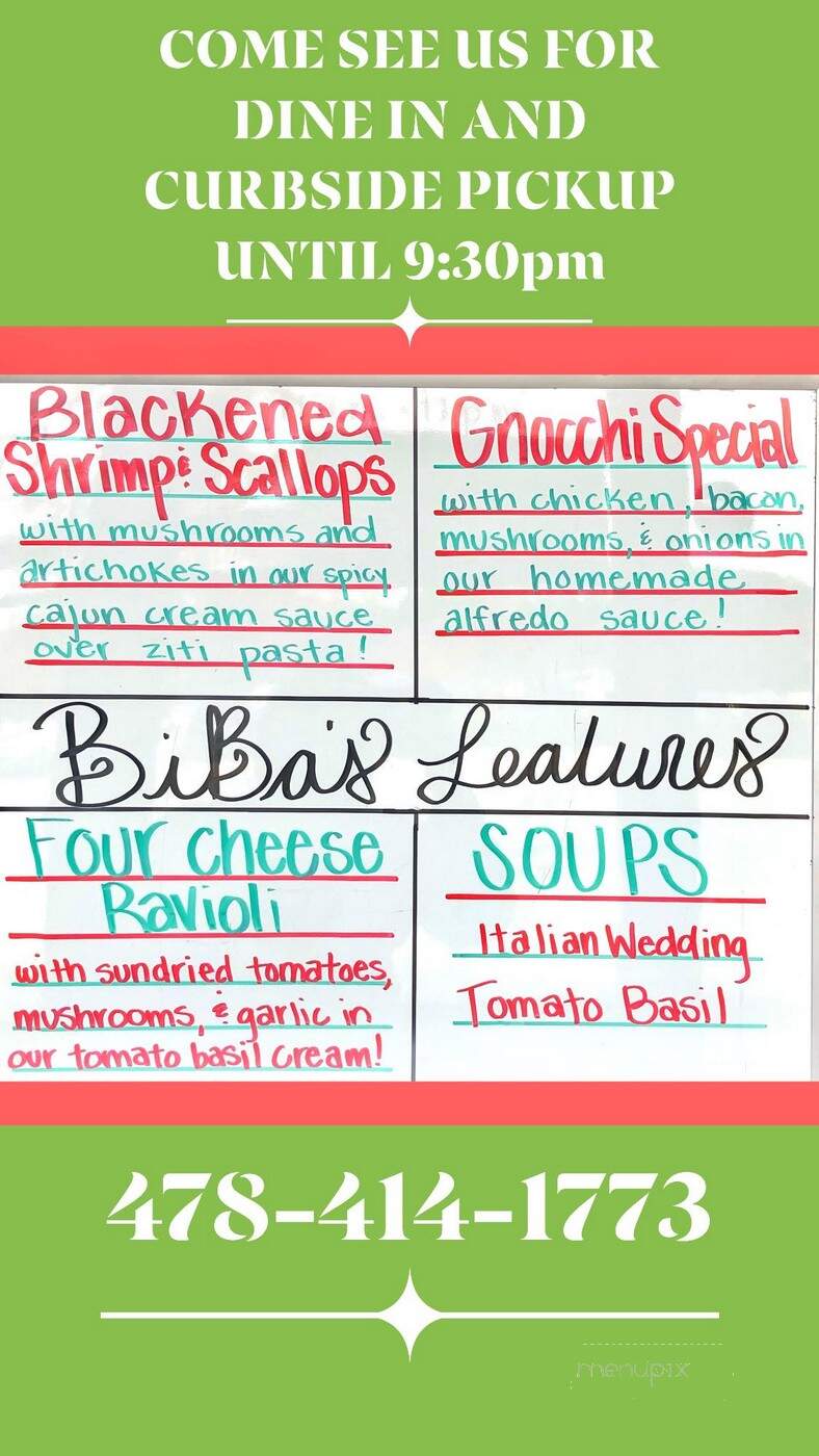 Biba's Italian Restaurant - Milledgeville, GA menu_pic