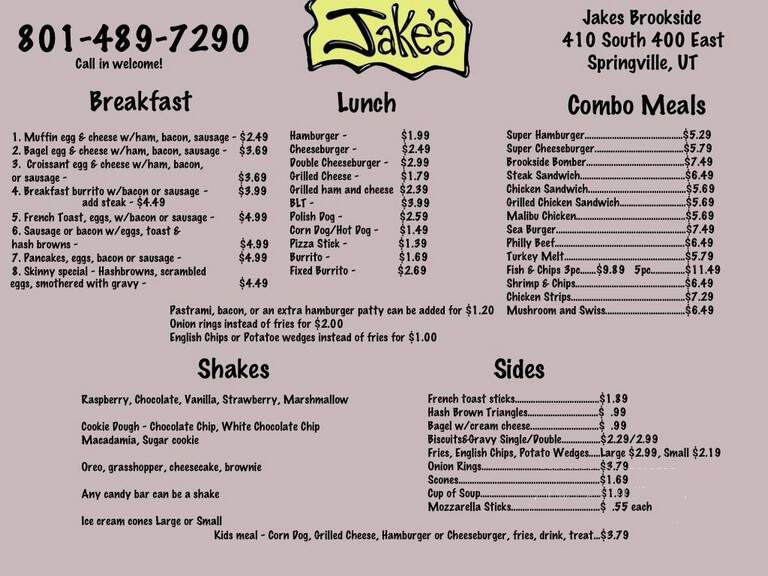 Jake's Brookside - Springville, UT menu_pic
