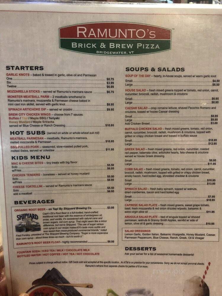 Ramunto's Brick and Brew Pizza - Bridgewater, VT menu_pic