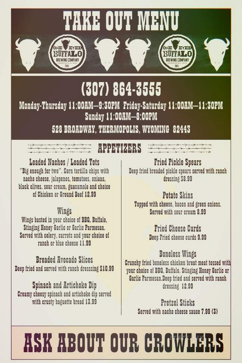 One Eyed Buffalo Brewing Company - Thermopolis, WY menu_pic
