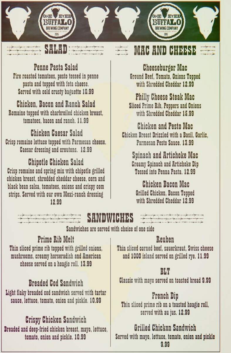 One Eyed Buffalo Brewing Company - Thermopolis, WY menu_pic