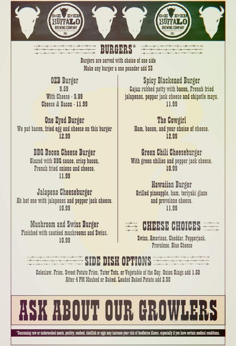 One Eyed Buffalo Brewing Company - Thermopolis, WY menu_pic