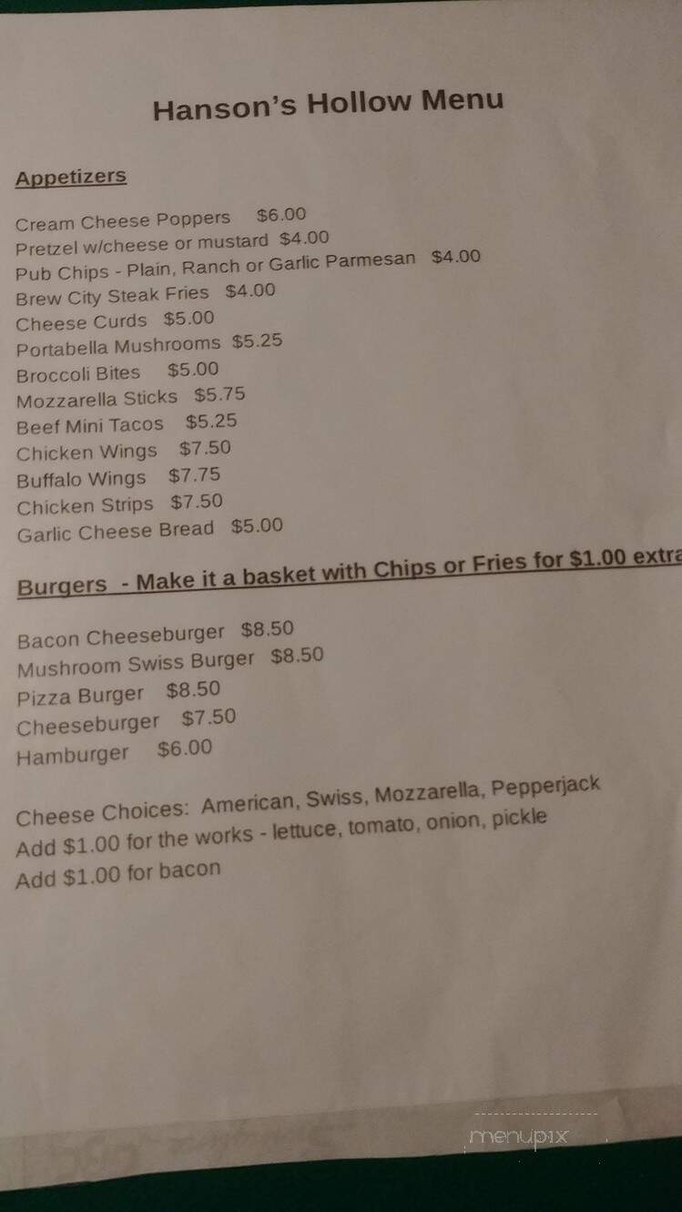 Hanson's Hallow - Janesville, WI menu_pic