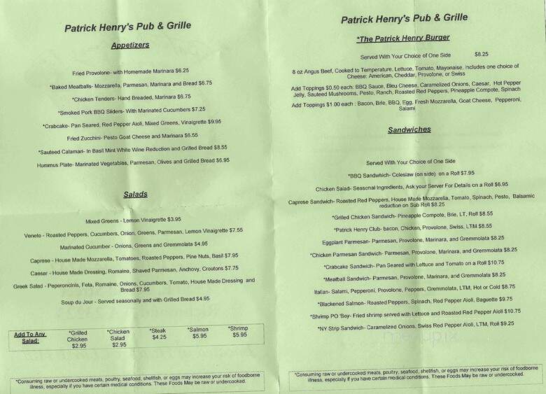 Patrick Henry's Inn - Richmond, VA menu_pic
