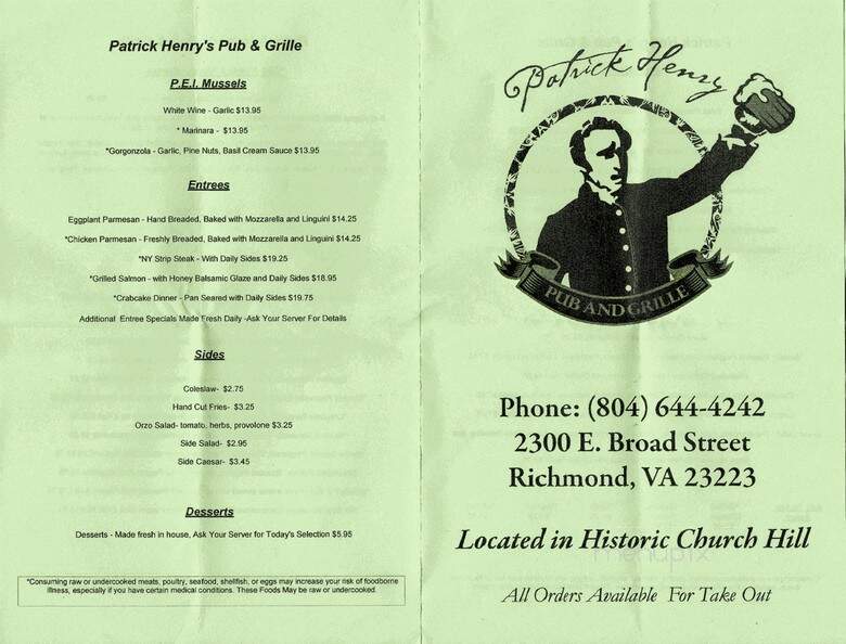 Patrick Henry's Inn - Richmond, VA menu_pic