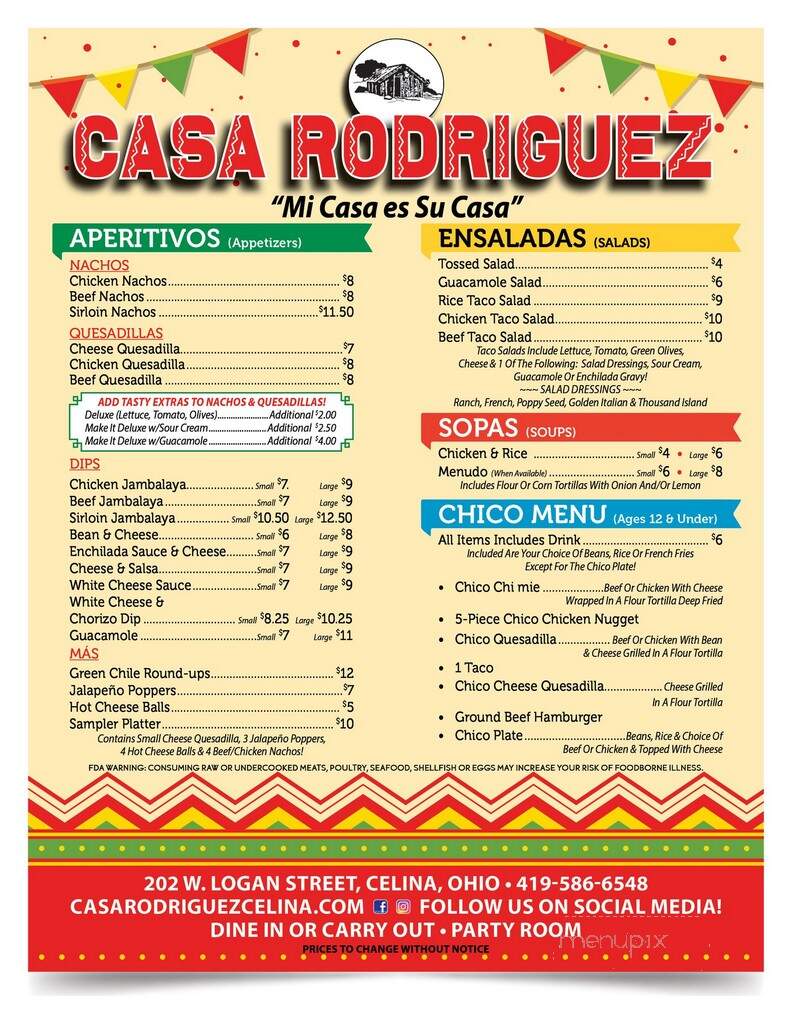 Casa Rodriguez - Celina, OH menu_pic