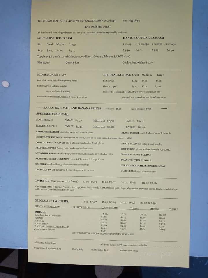 Ice Cream Cottage - Saegertown, PA menu_pic