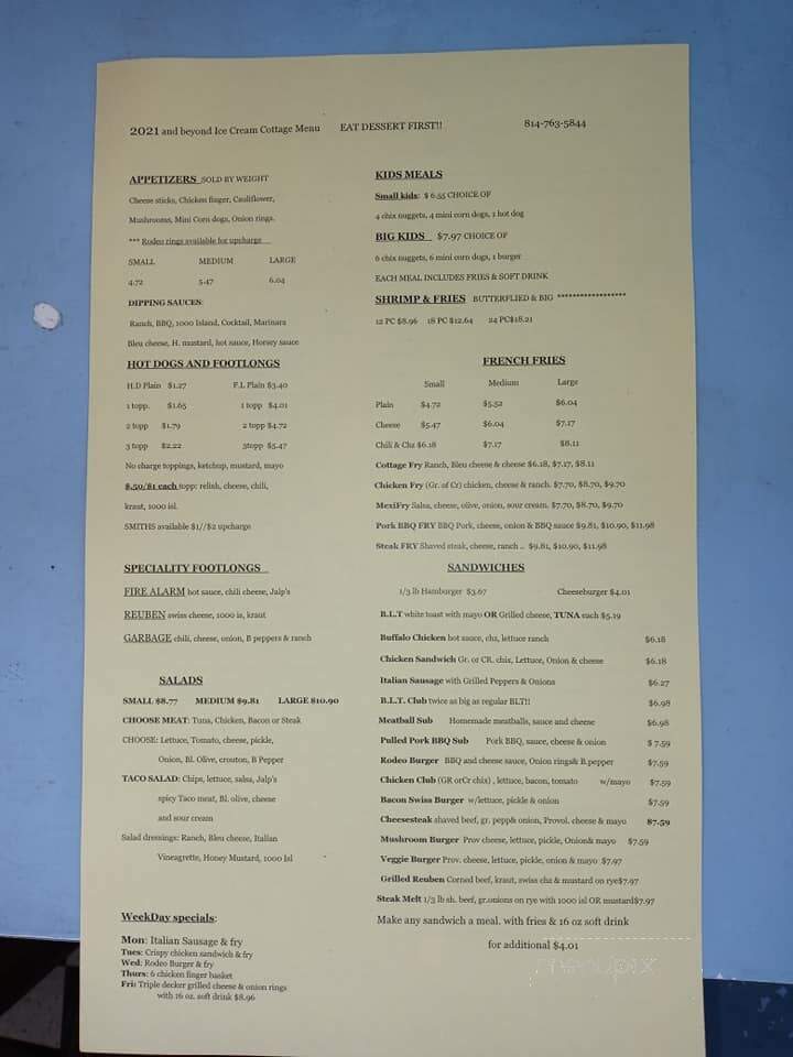 Ice Cream Cottage - Saegertown, PA menu_pic