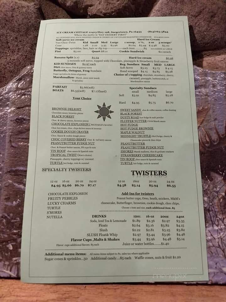 Ice Cream Cottage - Saegertown, PA menu_pic