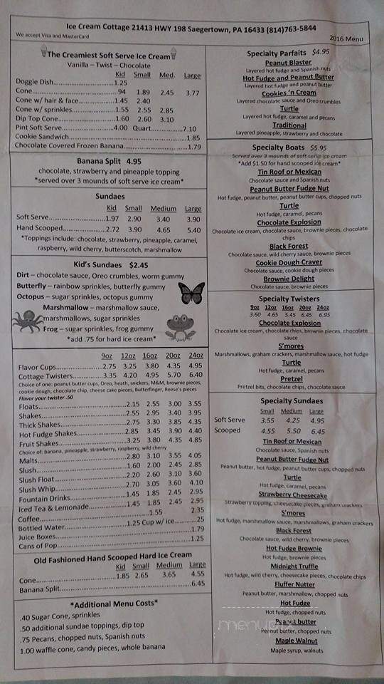 Ice Cream Cottage - Saegertown, PA menu_pic