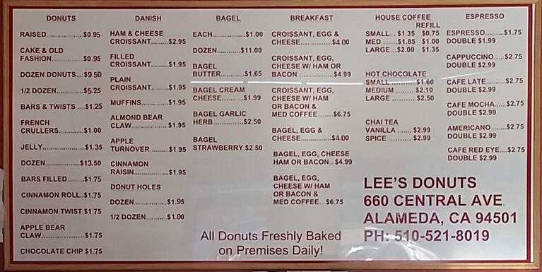 Lee's Donuts - Alameda, CA menu_pic