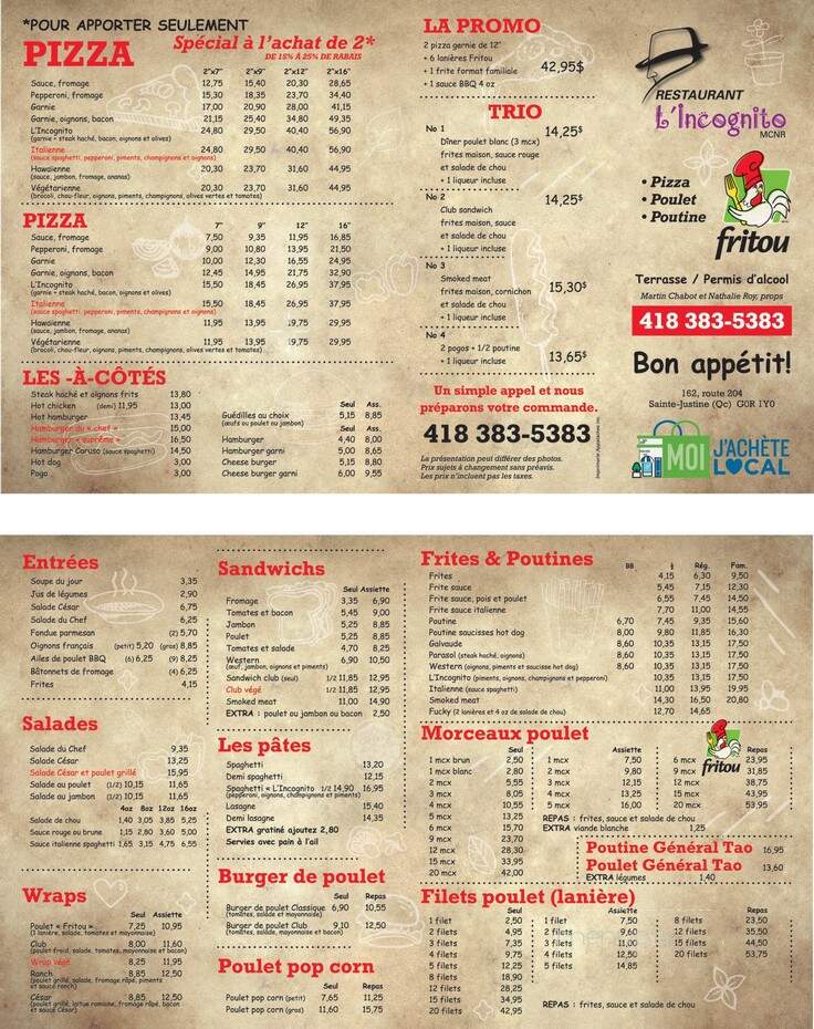 Restaurant L'Incognito - Sainte-Justine, QC menu_pic